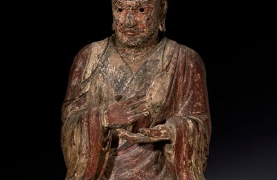 A polychrome lacquered wood figure of a luohan, Jin-Yuan dynasty, 12th-14th century