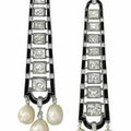 A Pair of Art Deco Onyx, Natural Pearl and Diamond Ear Pendants