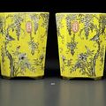 A pair of dayazhai grisaille-decorated yellow-ground faceted  jardinières, Guangxu period (1875-1908)