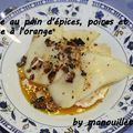 Glace au pain d'épices, poires et sauce à l'orange