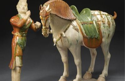 A Large 'Sancai' Pottery Caparisoned Ferghana Horse And Groom, Tang Dynasty