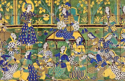 A monumental late Safavid cuerda seca pottery tile panel, Persia, 18th century