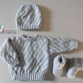 tricot bebe, brassière, bonnet, chaussons, modèle layette bb fait main 