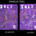FAMILLE TRZL (violet) : Jeu de 7 familles (gouache, crayon blanc, tampon de lettres et stylo-bille noir) mai 08