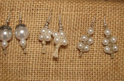 Boucles d'oreilles "noces champêtres" en lin et perles synthétiques nacrées