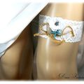 Jarretière de mariée dentelle coquillage blanc et turquoise fleur en satin accessoire de mariée mariage fait main original