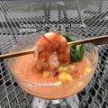 Gaspacho pêche, melon tomate et gambas