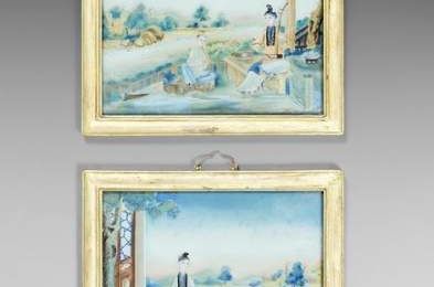 Paire de peintures en fixé sous verre représentant des musiciens dans des paysages. Chine, XVIIIème siècle.