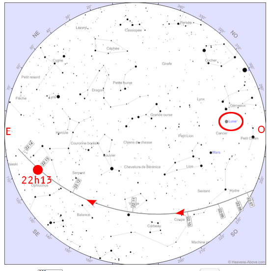 Trajectoire de la station spatiale Chinoise dans le ciel de GAP le 30 mai 2025 à 22h13 (source Heavens-Above.com)
