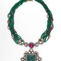 Amrapali multi-strand Zambian emerald, diamond and ruby necklace with large diamond and carved Zambian emerald pendant