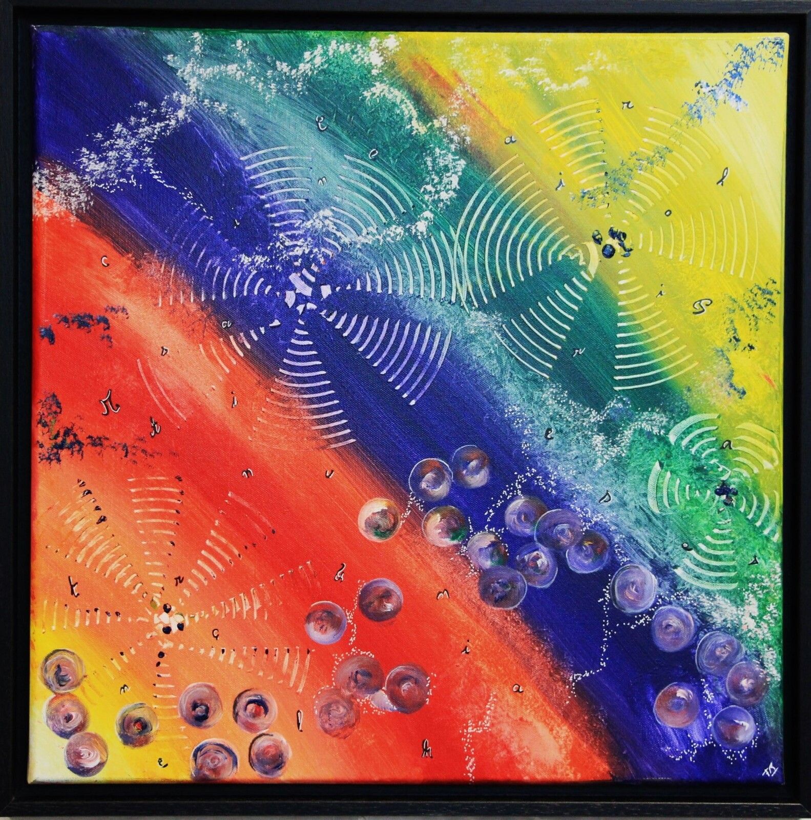 La roue des amis barbouilleurs, acryl 2023, 50X50, N°236, cadre noir