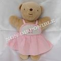 Doudou Peluche Ours Beige Robe Rayures Rose Et Blanc DMC