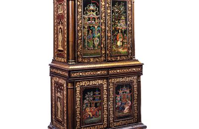 Regency Polychrome Penwork Chinoiserie Cabinet. England, circa 1820. 
