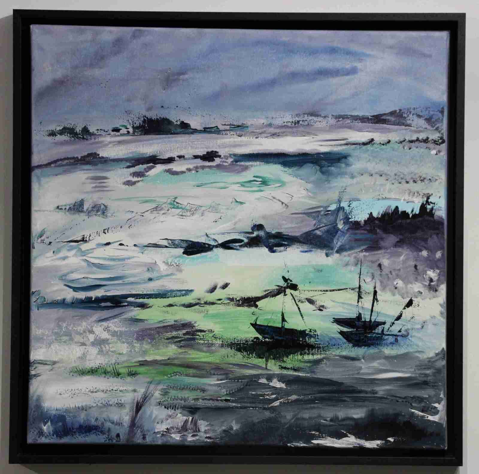 Clapotis et cris des mouettes- acryl2019- ND-cadre noir- 50x50cm- (n°127)