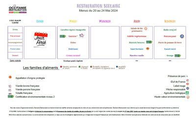 Menus du 20 Mai au 24 Mai 2024