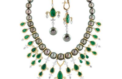 Alessio Boschi's Breakfast in Jaipur Tahitian pearl, emerald and diamond necklace and earrings