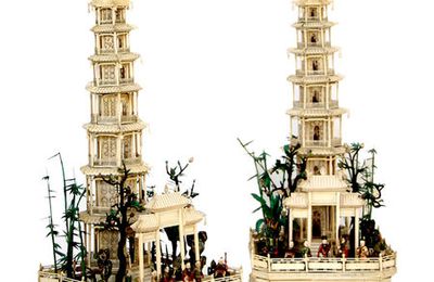 A pair of carved Ivory pagodas. China. 1810