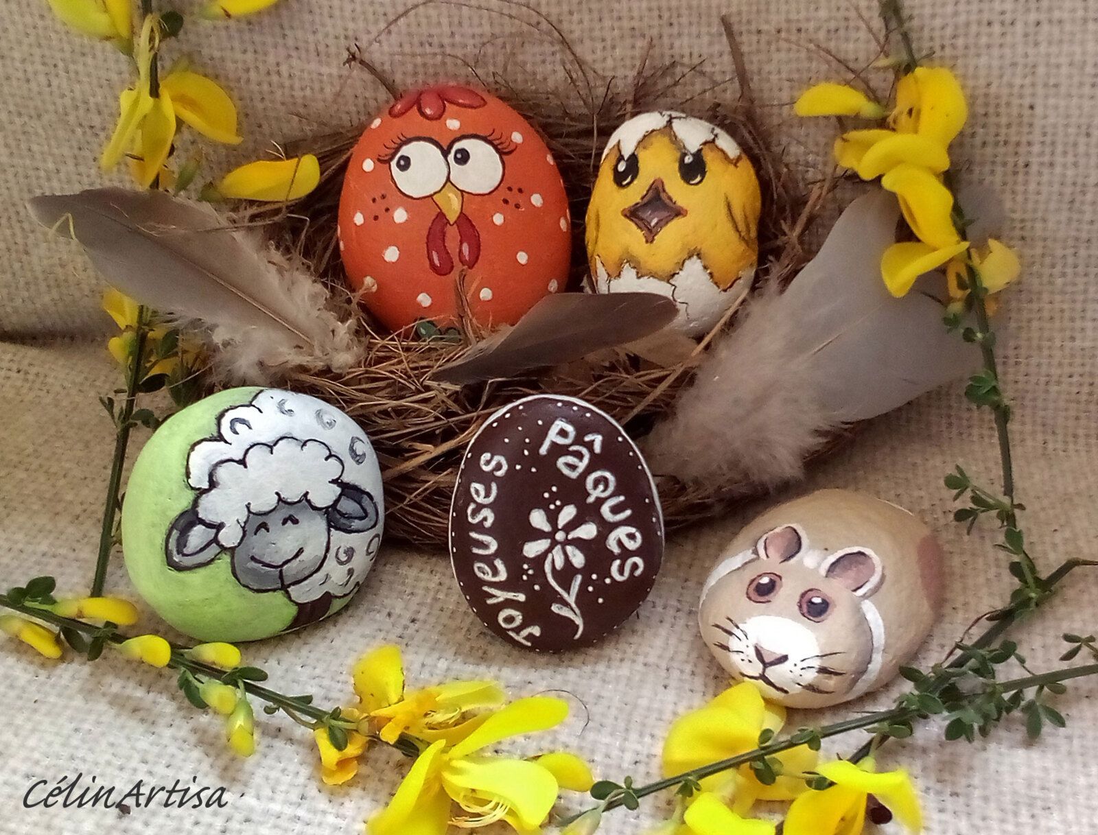 acrylique sur galets - Pâques (poule, poussin, agneau, lapin, oeuf)