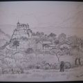 Sassenage, le château d'en haut : dessin au fusain d'après une carte postale ancienne.
