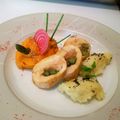 Ballotine de Poulet farcie Foie gras & Asperges vertes, avec Purée Patates Douces et Ecrasée de Pommes de Terre à la Truffe