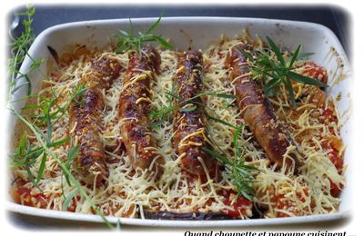 CHIPOLATAS AUX AUBERGINES ET A LA FONDUE DE TOMATE