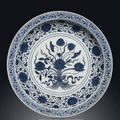 A rare large Ming-style blue and white 'Lotus bouquet' dish, Qianlong six-character seal mark in underglaze-blue and of the peri