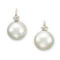 A pair of natural pearl and diamond ear pendants