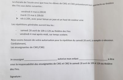 Infos aux parents : spectacle chorale de l'école - avril 2018
