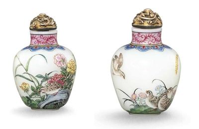 A very rare and finely enamelled glass 'quails' snuff bottle, Imperial, Palace Workshops, Beijing, Qianlong mark and period 