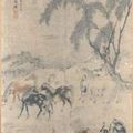 Huit chevaux en liberté sous un arbre au bord de l'eau. Signée Nan Yuan Feng, datée d'avril de wuxu 1778