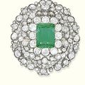 An antique rectangular-shaped emerald and diamond brooch, circa 1840