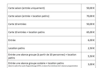 Tarifs de la patinoire 2023/2024