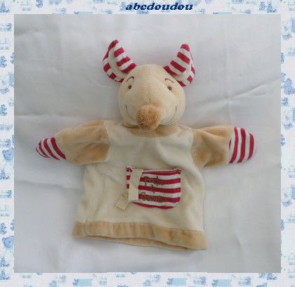 Doudou Marionnette Souris Beige Blanc Poche Sucette,  Rayures Rouge TCF