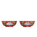 A fine and rare pair of coral-ground famille-verte 'floral' bowls, Yuzhi marks and period of Yongzheng