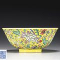 A fine famille rose yellow-ground bowl. Daoguang seal mark in underglaze blue and of the period (1821-1850)