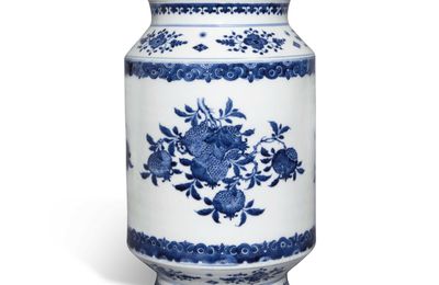 A blue and white soft paste ‘sanduo’ lantern vase, Qing dynasty, 18th century