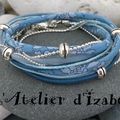 Bleu comme la mer dans laquelle nagent les poissons d'avril pour ce bracelet double tour multirang et multimatières (cuir, lin, 