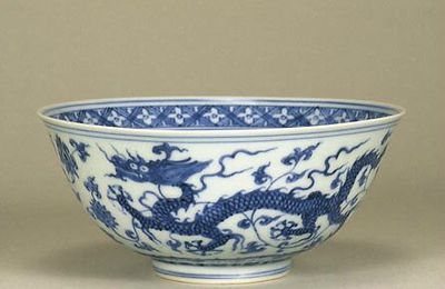Blue-and-White Bowl with Dragon and Scrolls Design, Ming Dynasty, Hongzhi Mark and Period (1488-1505)