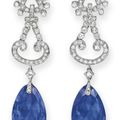 A pair of sapphire and diamond ear pendants, by Cartier