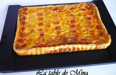 tarte aux tomates jaunes et rouges, thon et boursin