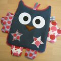 Doudou plat hibou gris, rose et rouge