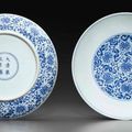Two blue and white 'Lotus' dishes, Yongzheng six-character marks in underglaze blue within double circles and of the period