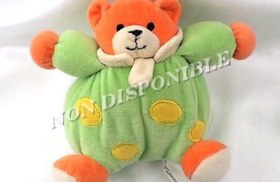 Doudou Peluche Ours Boule Vert Et Orange Rond Jaune Col Ecru Hochet Maxita