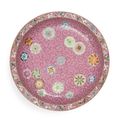 A fine and rare pink-ground famille-rose sgraffiato 'flower-brocade' saucer dish, Seal mark and period of Qianlong 