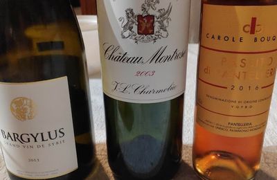 Syrie : Bargylus blanc 2013; Saint Estèphe : Montrose 2003; Passito di Pantelleria : Carole Bouquet 2016