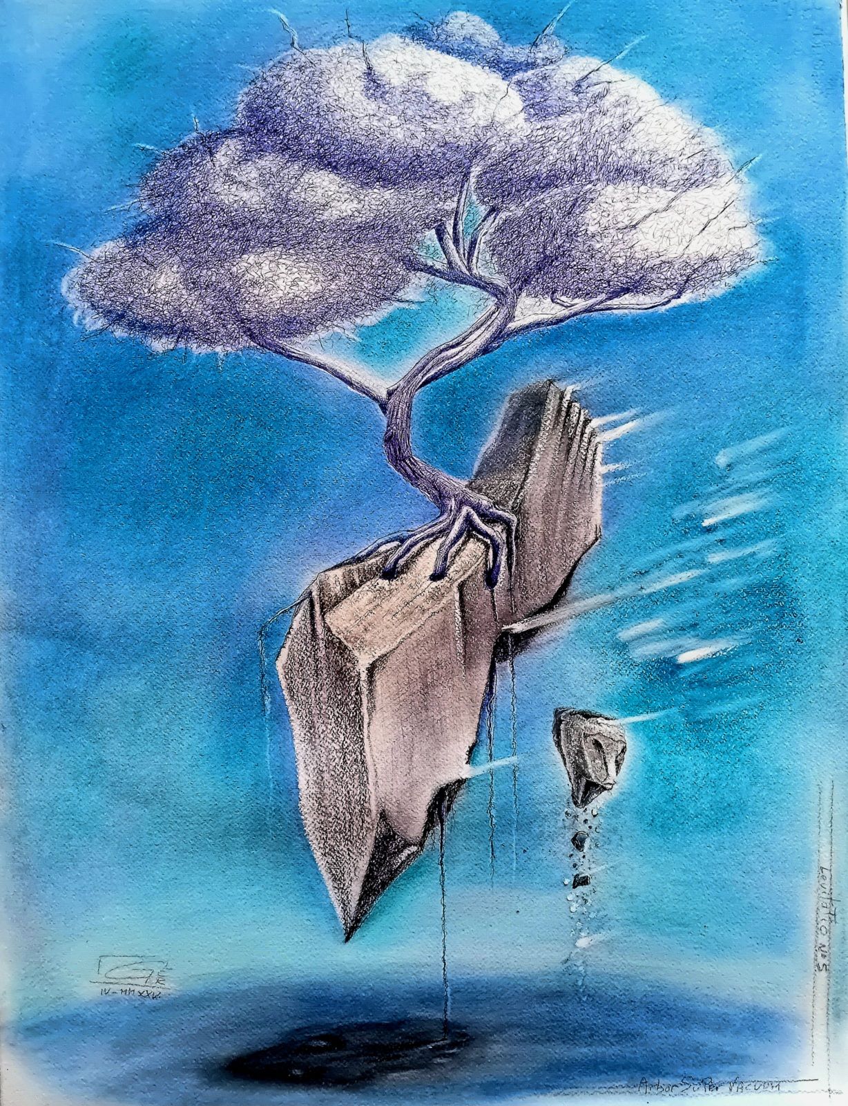 Arbre planté sur un rocher flottant au-dessus du vide. Couleur bleu saturé dominante. Arbre dessiné au stylo bille. Craie, pierre noire, fusain et pastel sec et gras sur papier. Stylo bille 
