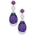 Pair of platinum, 18 karat white gold, amethyst, pink sapphire and diamond earrings