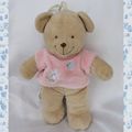 Doudou Peluche Ours Marron Musical T-Shirt Rose Broderie Fleur Papillon Tex