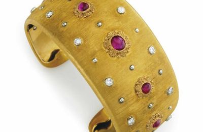 A gold, ruby and diamond cuff bracelet, by Buccellati