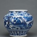 Blue-and-white porcelain jar with design of fish and water plants in a lotus pond, Yuan dynasty, 14th century